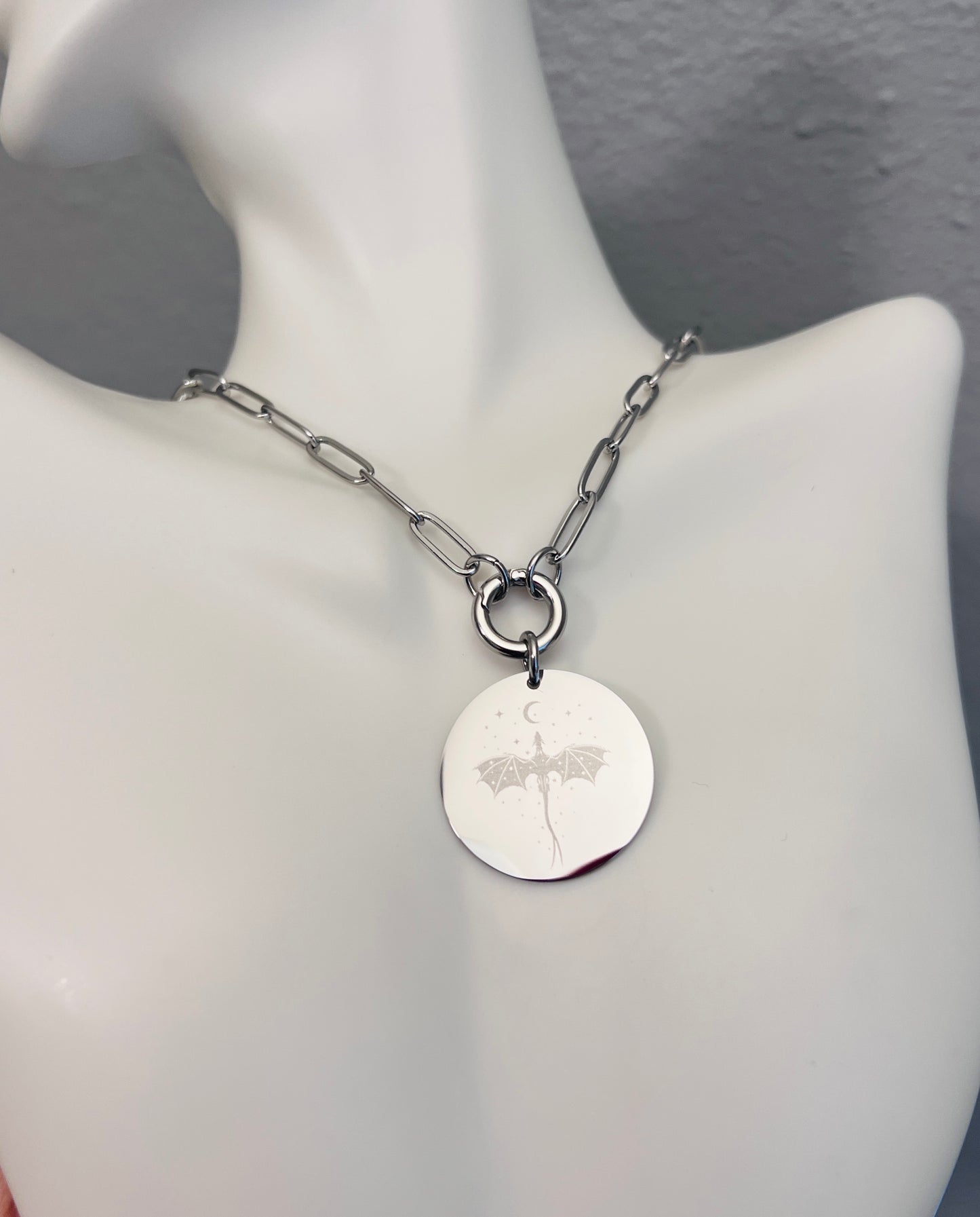 Dragon, Moon and Stars | Paperclip Link Necklace